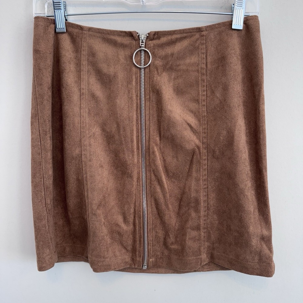 American Threads Faux Suede Mini Skirt M Brown Zip Front Y2K Boho